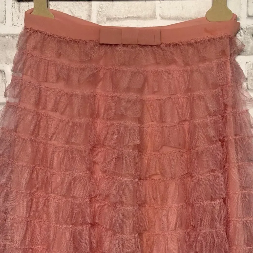 Christian Dior SS18 Pink Tulle Ruffle Midi Skirt IT 40 Twee Bow waist Authentic